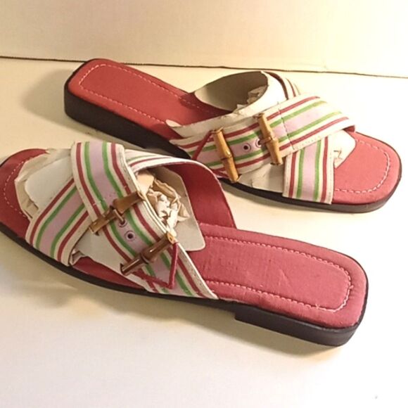 Square Toe Summer Pink Green And White Slide Sandals Sz 9 - Picture 1 of 5